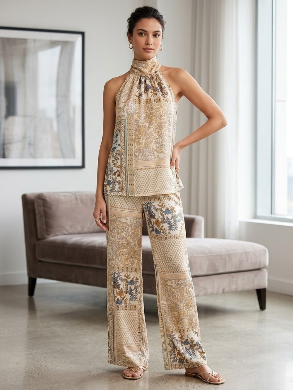 Rachel Zoe Beige Patchwork Halter-Neck pants Set